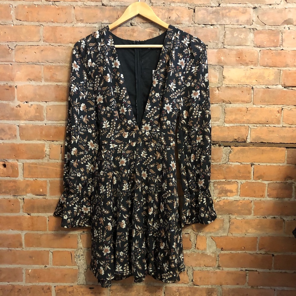 Deep-V, long sleeve, mini dress with back tie